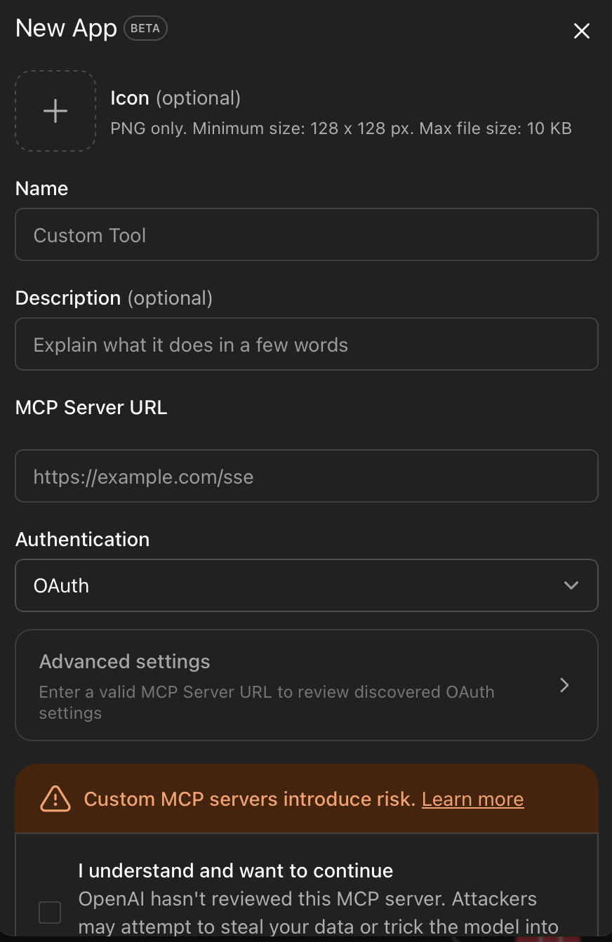 Форма New App в ChatGPT